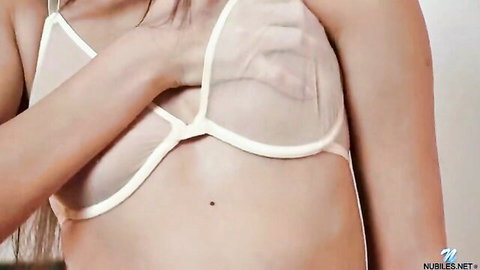 Sensual brunette Emili teases in sheer white bra, solo HD masturbation preview