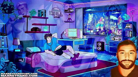Muscular shirtless man with blue hair lounges seductively on bed