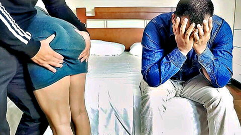 Curvy Latina wife in tight skirt groped by man while husband despairs on bed, cuckold NTR
