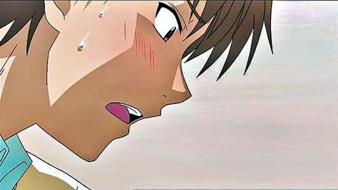 Hentai anime teen boy with ahegao face wide eyes open mouth tongue blush sweat drops