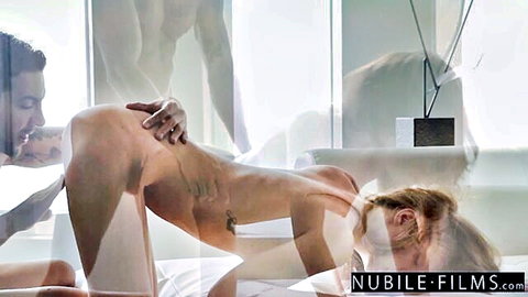 Brunette beauty in sensual pose giving boyfriend steamy blowjob