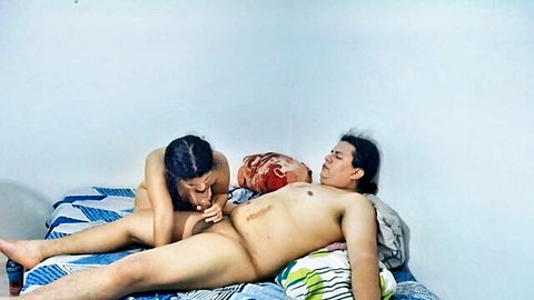Nude 19yo Asian girl giving handjob to naked man in bed creampie