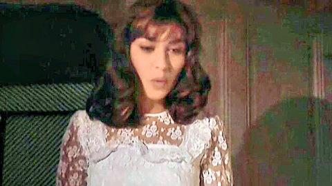 Vintage Asian woman in white lace dress, surprised expression, close-up from Summer Wind 1997
