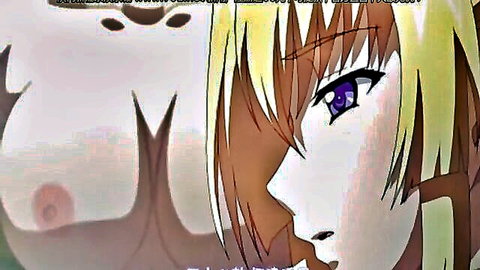 Seductive blonde anime babe with purple eyes and exposed huge tit with nipple