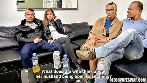 Czech Wife Swap 12 with George Uhl: Couples on couch discussing open marriage