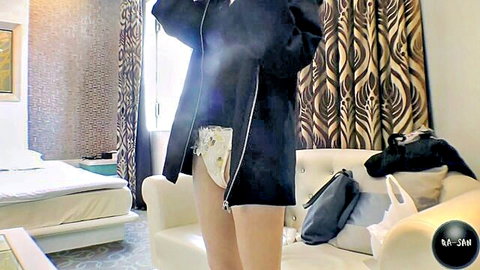 Serika teasing in open black jacket and patterned diaper panties