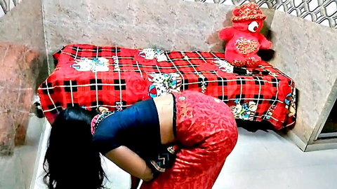 Curvy Indian maid in red skirt bending over, exposing big ass for rough sex