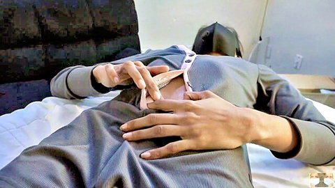 Masked South Asian woman gets pussy fingered through open crotch gray bodysuit on bed