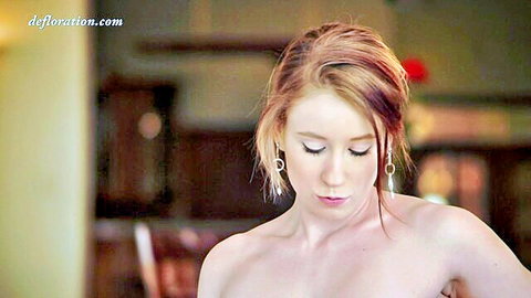 Topless skinny redhead teen babe with small tits and fair skin looking seductive solo