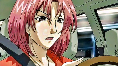 Pink-haired anime girl driving intently in hentai car scene