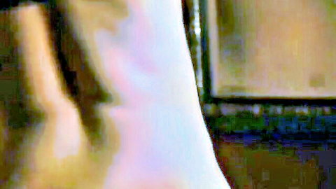 Sexy babe pulls down purple panties revealing shaved pussy closeup tease