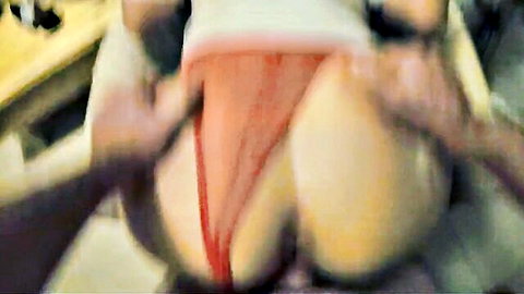 Greek couple amateur sex: man spreads her big ass on couch, red thong aside