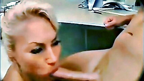 Blonde teacher giving intense blowjob to student