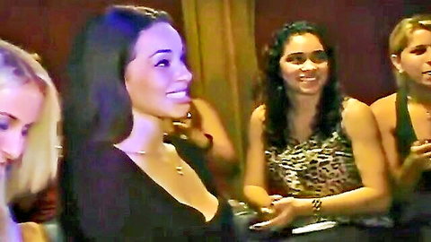 Group of diverse women smiling in revealing outfits, wife and stripper vibe