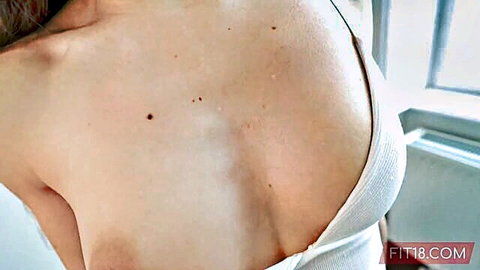 Fit French girl's cleavage in white bra, gym tease preview