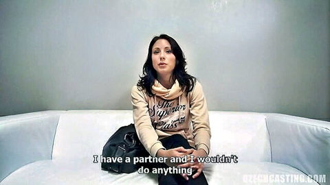 Brunette in hoodie discusses partner during lesbian casting interview