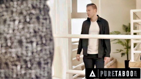 Handsome fair-skinned stepson in black leather jacket stands seductively in taboo PureTaboo scene teasing MILF seduction.