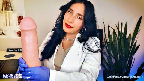 Wokies ASMR in lab coat holding massive pink dildo medical play