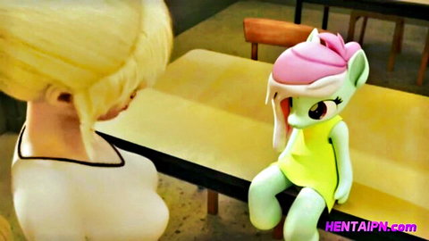Blonde curvy hentai girl with pony futa in yellow dress classroom scene