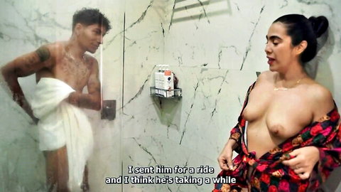 Big tits stepmom spies on skinny stepson in shower, robe open exposing breasts