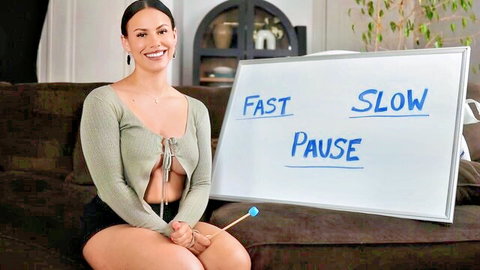 ShotsofSimone in open green top teaches fast slow pause lesson