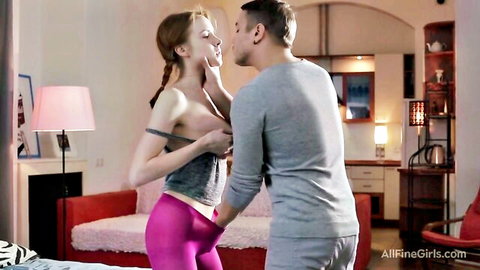 Ruslana redhead flexible doll topless in pink leggings groped by man