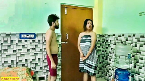 Sexy Indian Bhabhi in striped dress with shirtless man in cuckold scene