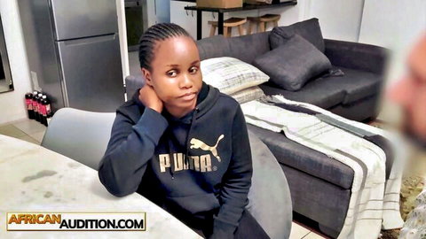 Huge ass ebony girl in Puma hoodie during casting audition