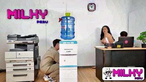 Busty Peruvian MILF secretary with massive tits teased by horny employees in office