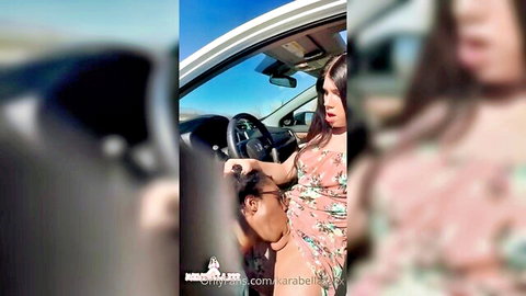 Trans hottie in floral dress gives blowjob in car, ready for facial