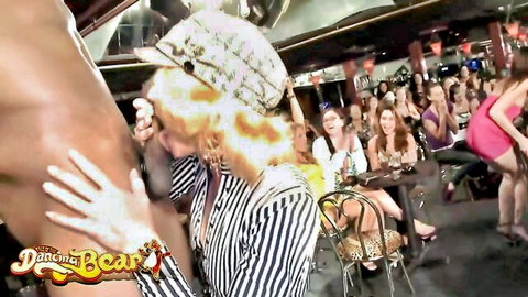 Blonde woman handjobs nude stripper in crowded club party