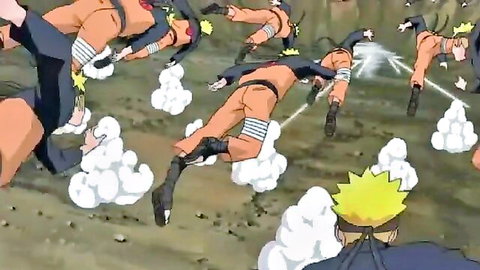 Hardcore Naruto Shippuden hentai with multiple orange-suited clones exposing asses in dynamic action