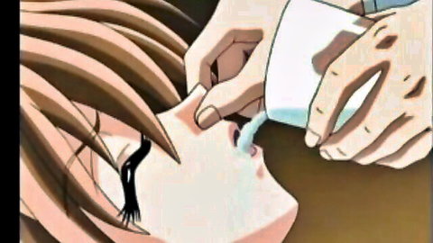 Anime girl with long hair gulping blue liquid poured from cup into her open mouth by hand