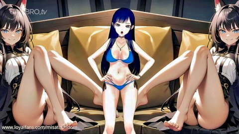 Anime catgirl princess in blue bikini spreads legs teasing feet for worship and JOI humiliation