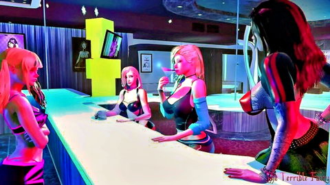 Busty 3D futanari with busty girls and petite teen in neon club lingerie scene