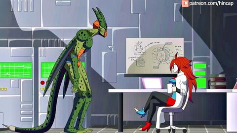 Dragon Ball Cell with busty redhead in sexy office outfit