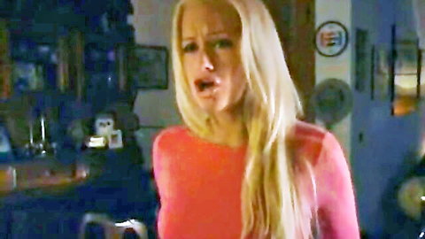 Blonde babe in sheer pink top with wide open mouth ecstatic face