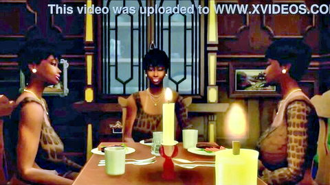 Three ebony trans women in patterned outfits at candlelit table, Sims 4 threesome preview