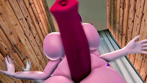 3D hentai girl with braids bent over huge pink ass taking red dildo anal insertion in living room
