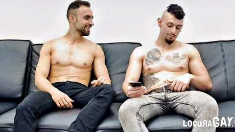 Payo and Zeus shirtless muscular hunks masturbating after party, gay solo tease