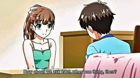 Anime couple in intimate talk, brown-haired girl in green top from Shishunki no Obenkyou