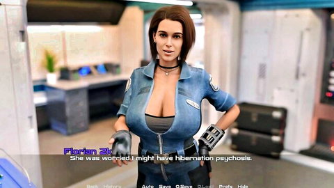MissKitty2k in tight blue uniform with big cleavage, sci-fi busty pose