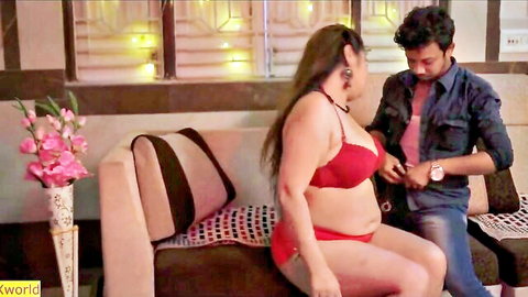 Indian chubby MILF in red lingerie teasing with lover