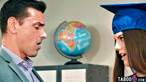 Young graduate in cap seduces shocked male tutor, taboo classroom tease