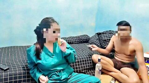 Asian woman in silk robe and shirtless neighbor in casual bedroom tease