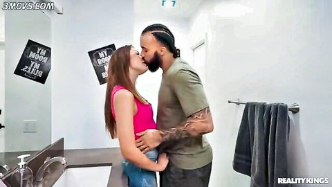 Interracial couple passionately kissing in bathroom, Reality Kings scene