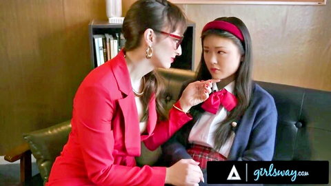 Mature brunette teacher seduces Asian schoolgirl in lesbian therapy session