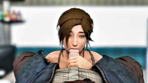 Lara Croft cosplay babe giving intense blowjob with exposed tits
