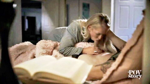 Alura Jenson blonde MILF giving POV blowjob to Chad Alva on bed