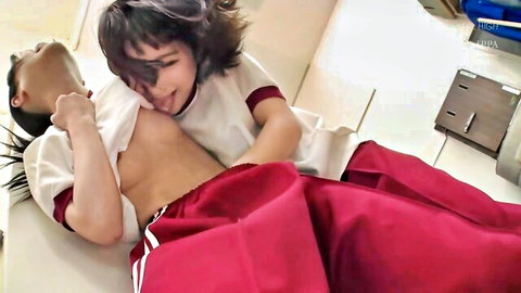 Rin Miyazaki in school uniform drooling saliva while kissing, exposing small tits